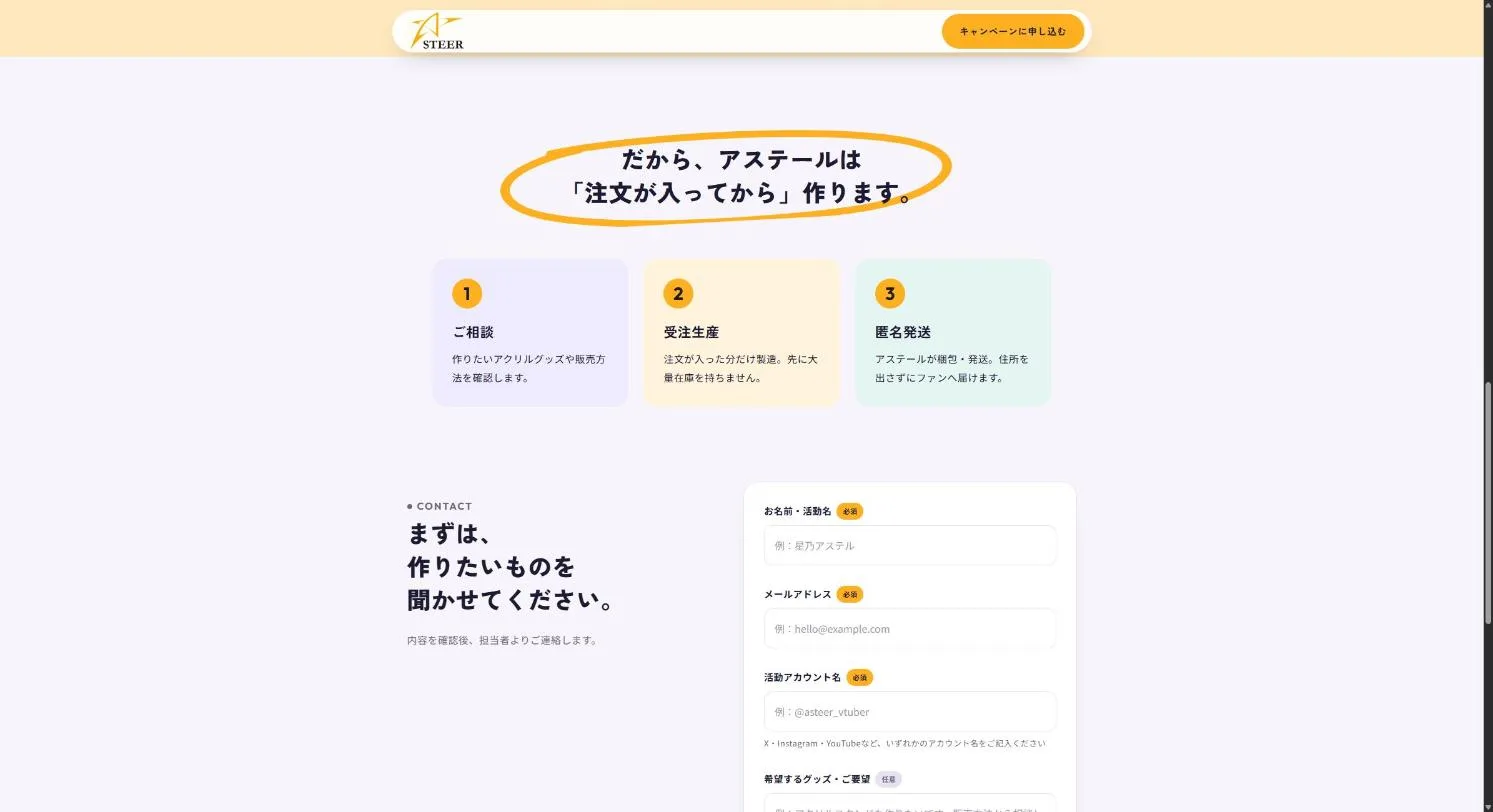 相談、受注生産、匿名発送の3ステップと、問い合わせフォーム