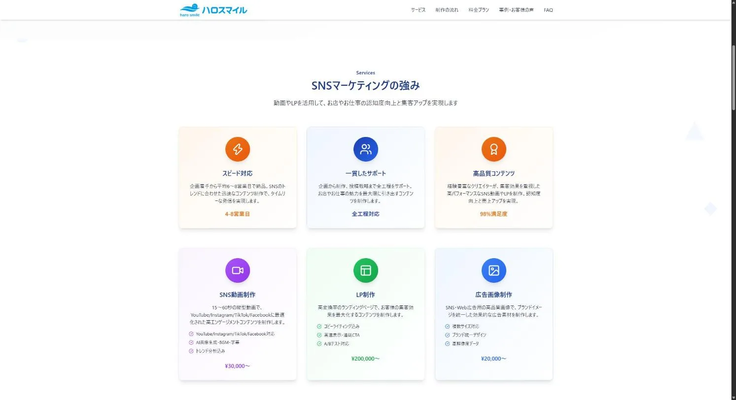 強み3つと、SNS動画・LP・広告画像の3つのサービスをカードで並べたセクション